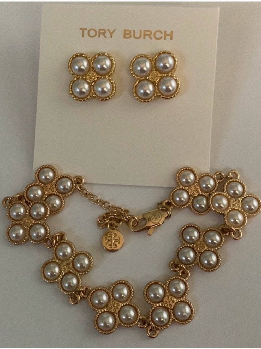 Tory Burch Gold Rope Pearl Clover Bracelet and Stud Earring Set
